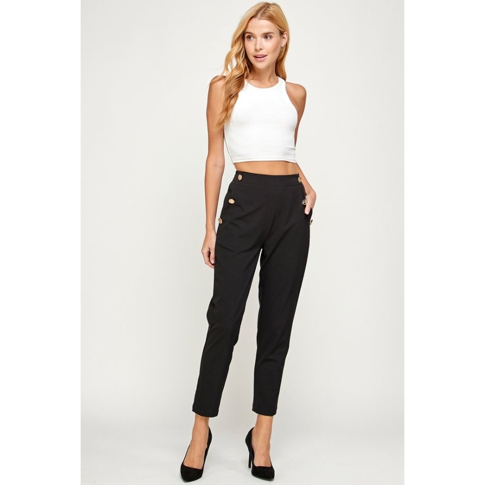 GOLD BUTTONED STRAIGHT LEG PANTS BLACK